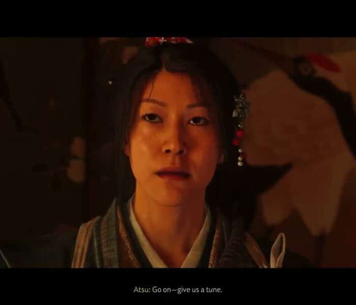 Ghost of Yotei – The Kitsune: Oyuki Plays The Shamisen at Red Crane Inn Cutscene | Matsumae Fight