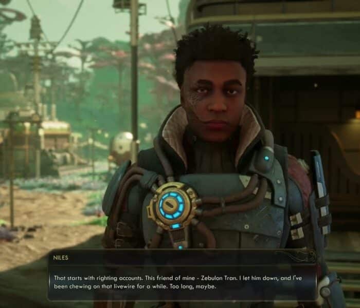 The Outer Worlds 2 – Pressing Cares: Talk To Niles About Friend Zebulan Tran Dialogue Tree Gameplay