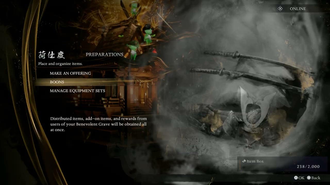 Nioh 3 – 1572 CE: Preparations: Boons “Receive Following Items” Message | Equipment Sets Gameplay