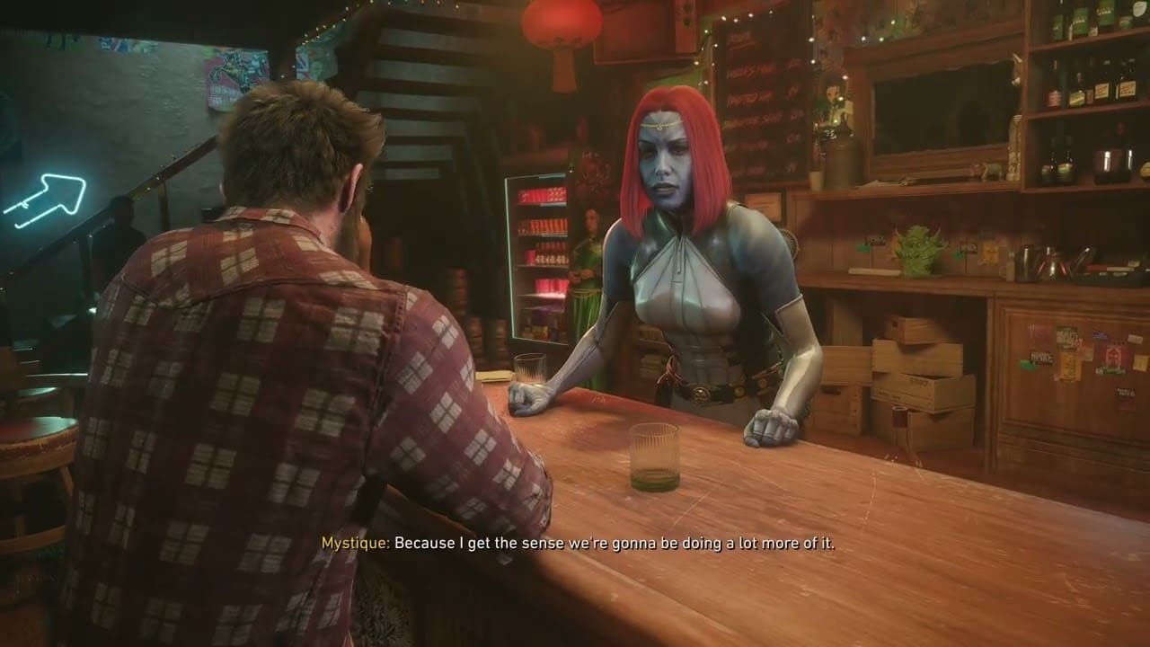 Marvel’s Wolverine – For Our Future: Talk To Raven: Play “Never Have I Ever” with Mystique at Bar
