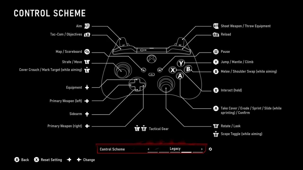 Gears of War: E Day – Xbox Series X Controller Schemes: Default – Modern + Alt – Legacy + Alt