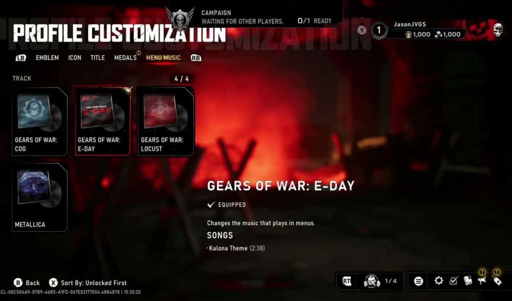 Gears of War: E Day – Profile Customization: Menu Music: Klonoa Theme, Metallica etc