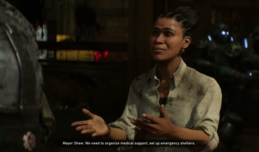 Gears of War: E Day – Act 1 Chapter 4: Follow Kai Kaliso: Mayor Isabel Shaw and Shin Intro Cutscene