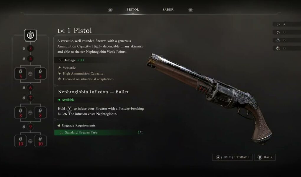 Valor Mortis – Chapter 3: Abandoned Church: Upgrading Weapons at James’ Iron Bench: Pistol and Saber