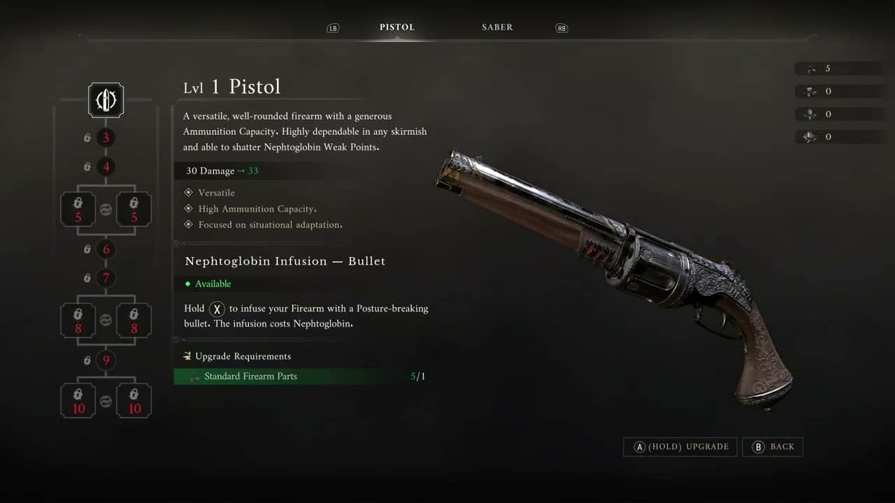 Valor Mortis – Chapter 3: Abandoned Church: Upgrading Weapons at James’ Iron Bench: Pistol and Saber