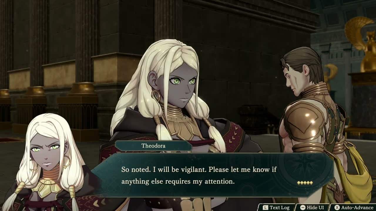 Fire Emblem: Fortune’s Weave – 1 Theodora’s Path Ch 1: 2/2/1446: Meet with Kumos (Sergio Sick, Dyan)