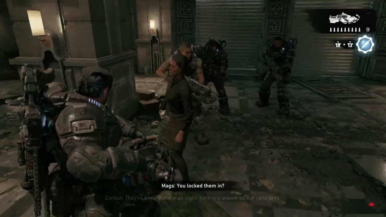 Gears of War: E Day – Act 2 Chapter 2: Enter Bank of Tyrus: Talk To Employee – Follow Bank Manager